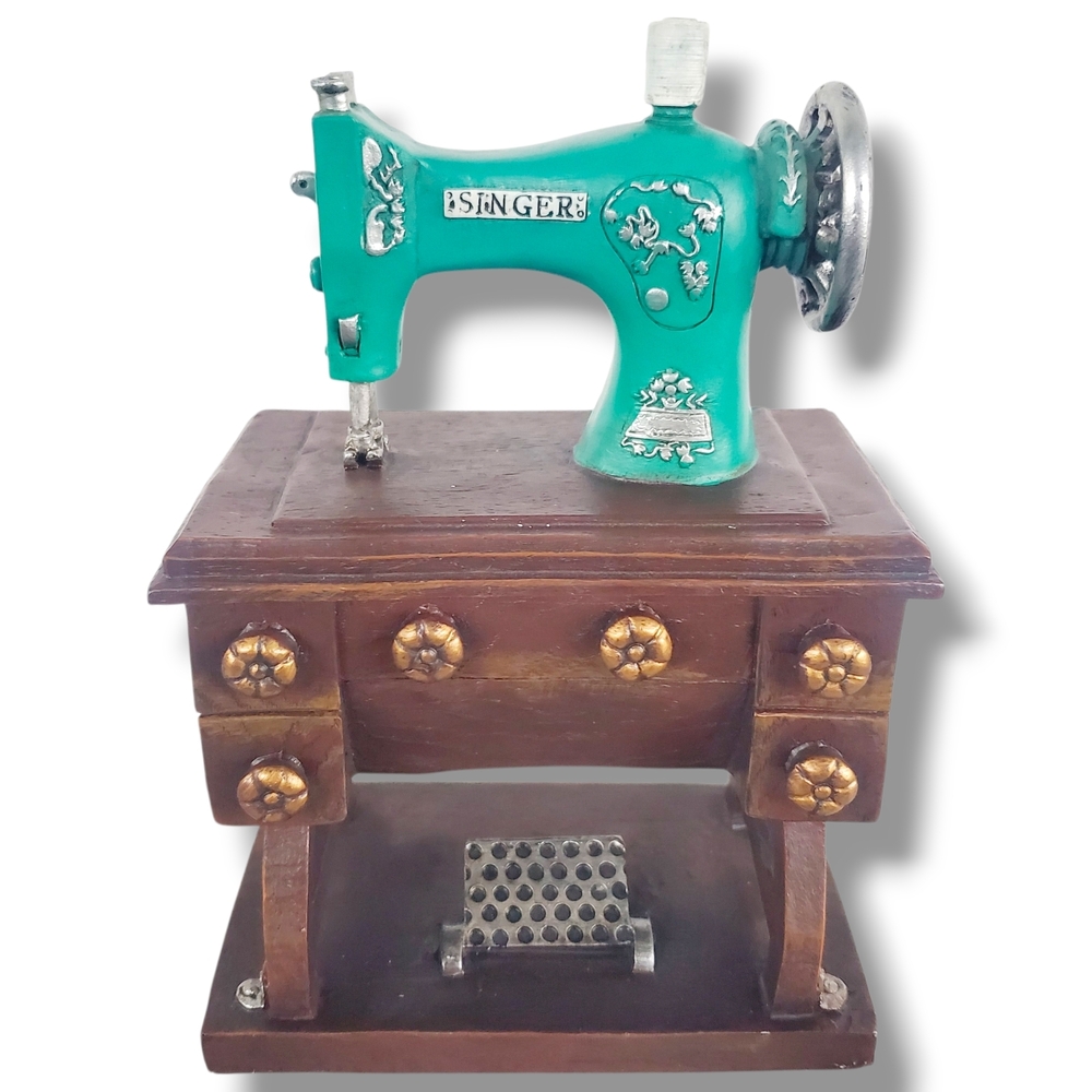 Vintage Singer Sewing Machine Teal Green Piggy Bank Table Base Miniature 8"
